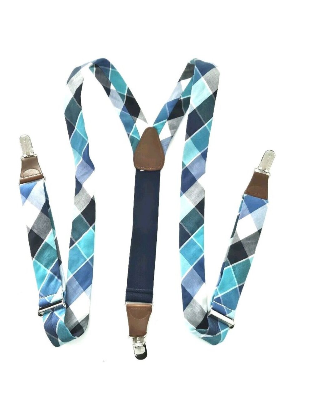 Gillmons Blue Plaid Brown Faux Leather Elastic Adjustable 1.25" Wide Suspenders